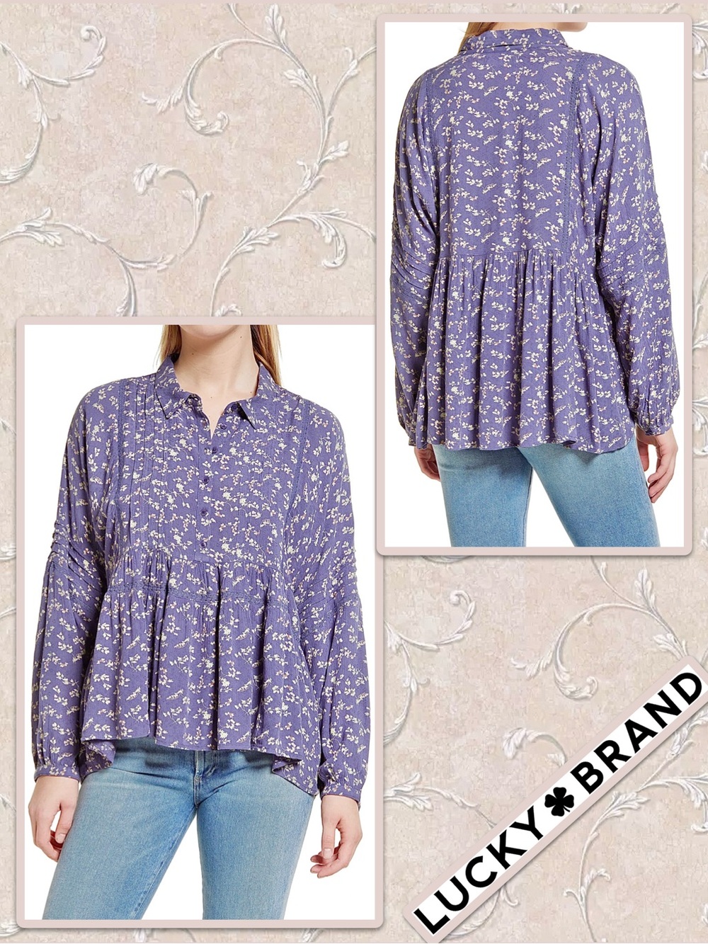 Lucky Brand Floral Long Sleeve Blouse in Blue Multi Cornflower Blue, Red, Cream